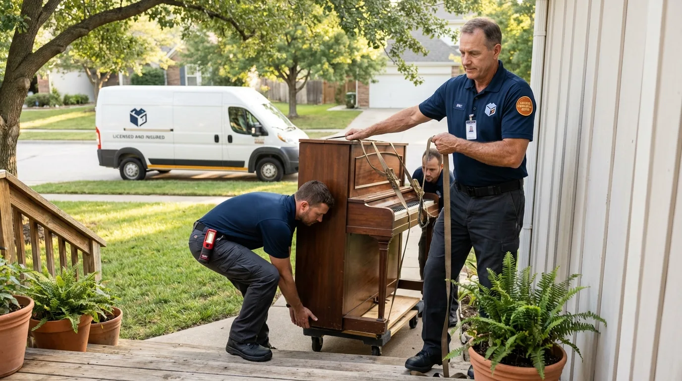 Licensed piano movers securing grand piano in Greenwood, MO