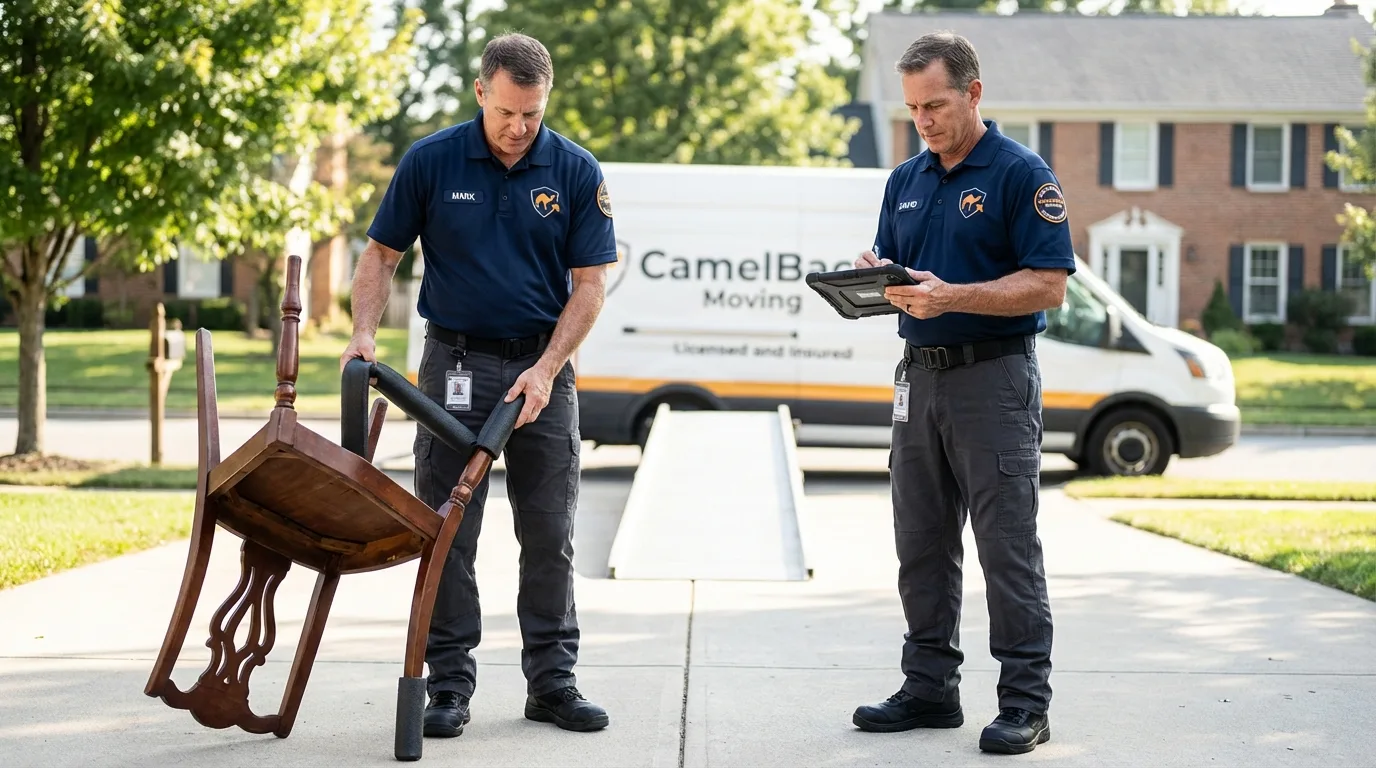 Movers inspecting furniture for damage prevention before loading in Greenwood, MO